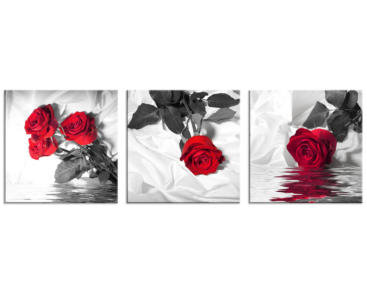 Canvas Print 3 Pcs Red Rose Wall Decor Black and White Abstract Wall Art for Modern Home Decor for Living Room Stretched and Framed Flower Picture on Canvas (16 x 16 inches (3-Piece Set) / Red Rose)