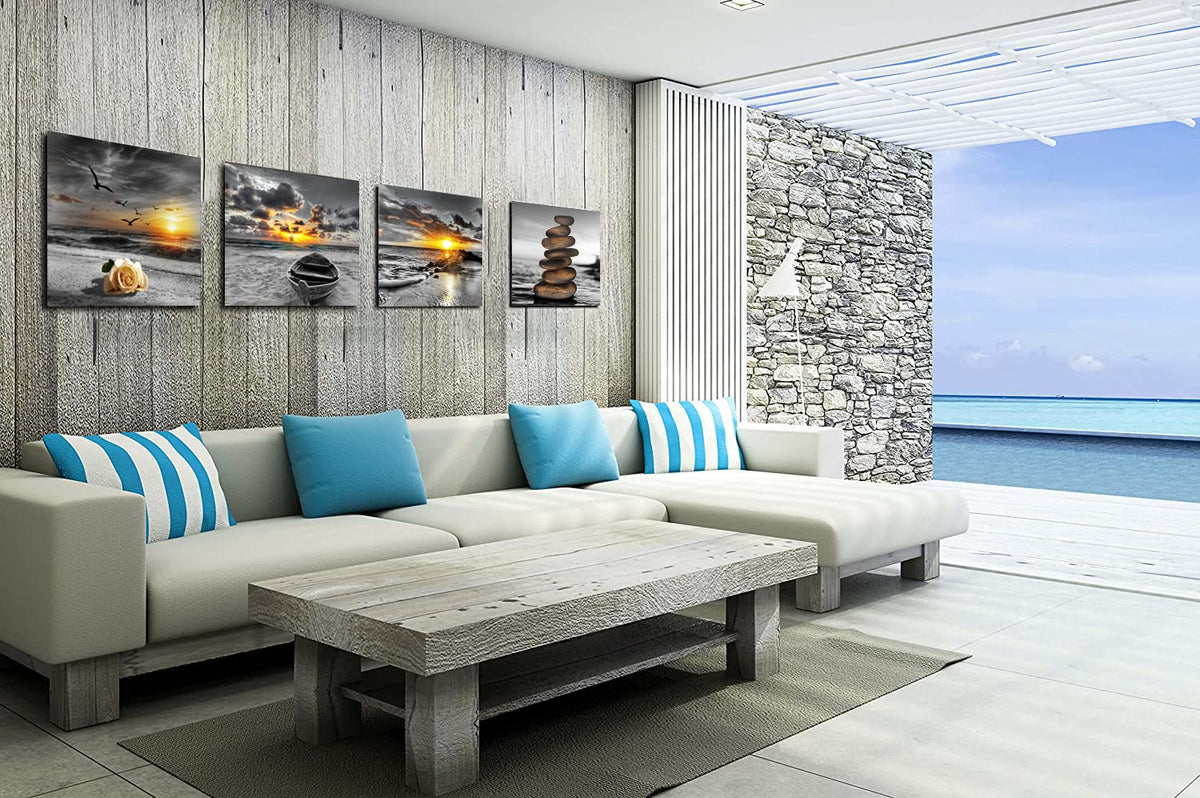 Black and White Gold Wall Decor Sea Sunset Beach Wall Art Seascape Zen Painting Sunrise Picture Ocean Canvas Print for Living Room Bedroom Bathroom Home Wall Decoration Framed Art (Ablack and white1 / 12"x12"inchesx4Pcs)