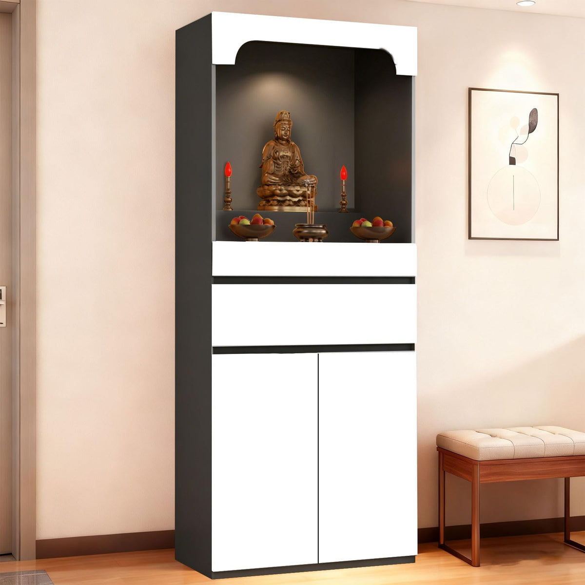 Altar Table Pooja Cabinet with Drawers and Storage Cabinets (23.6×15.7×65.4in / White+dark Gray)
