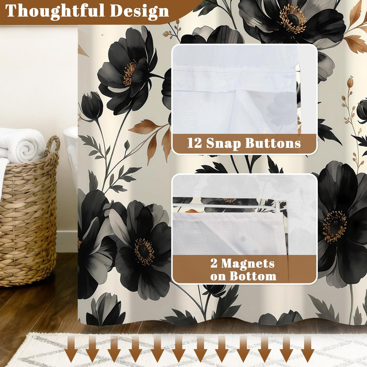 Black Floral Shower Curtain with Snap in Liner (Black Floral)