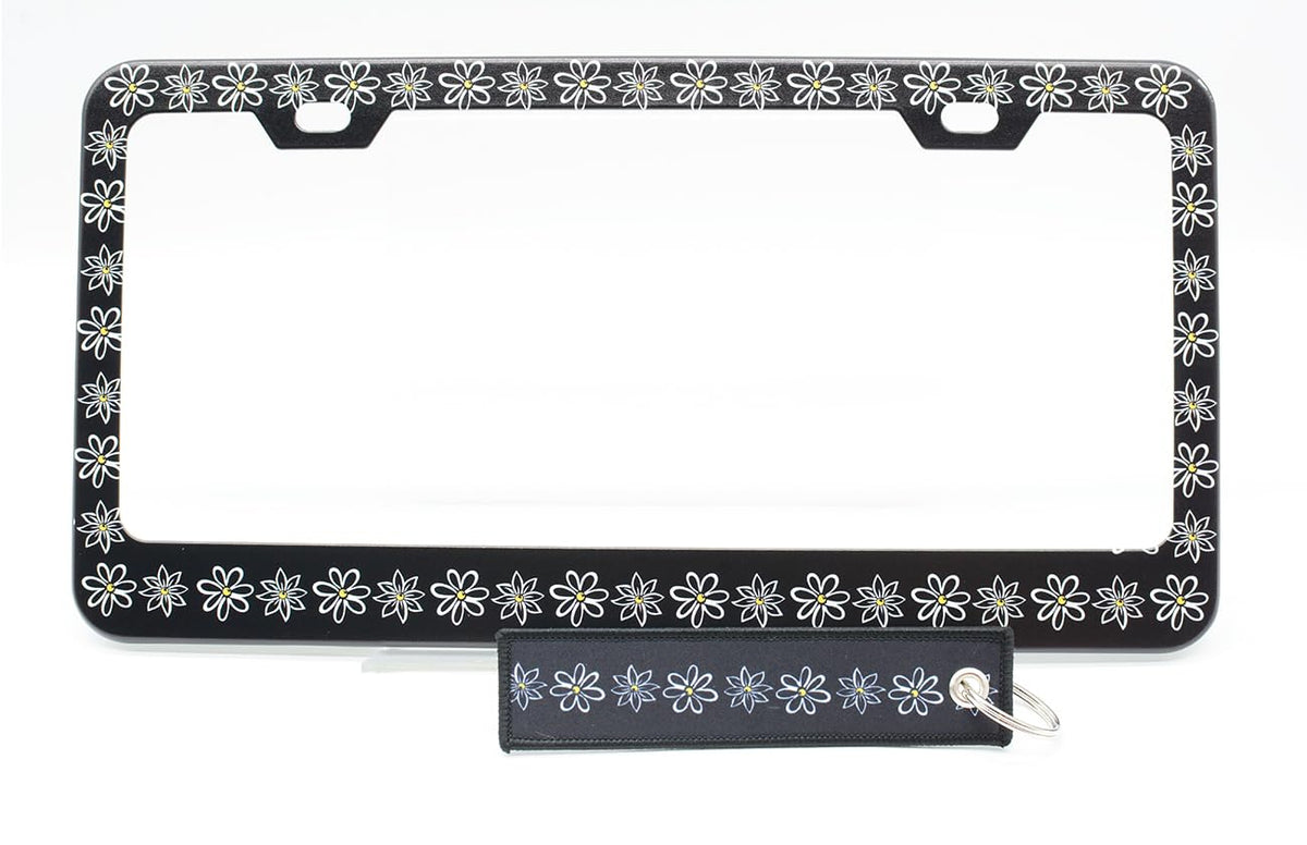 Black White Floral License Plate Frame for Women 2Pc Car Tag (for Floral-Daisy b / 2 pack)