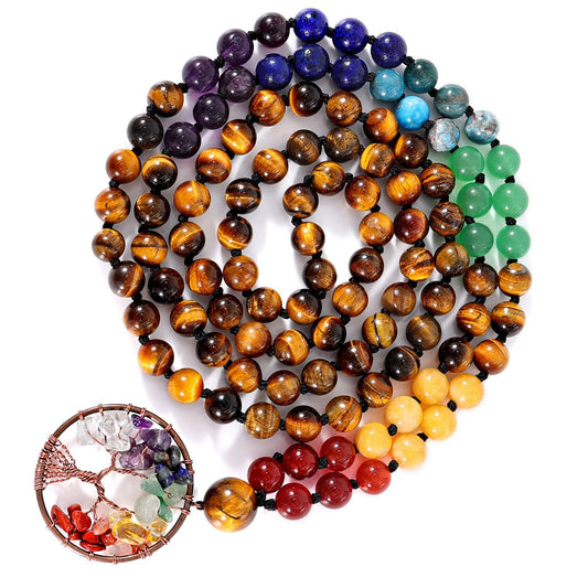 108 Mala Beads Necklace Life Tree 7 Chakra Wrap Bracelet Real Gemstone Yoga Meditation Hand Knotted Mala Prayer Bead Necklace (8mm / Tiger Eye Stone)