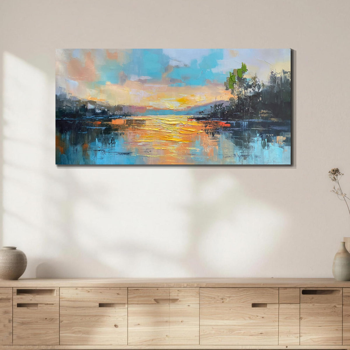 Lake Sunrise Canvas Wall Art Decor for Living Room (Yellow Sunrise / 58"L x 29"W)