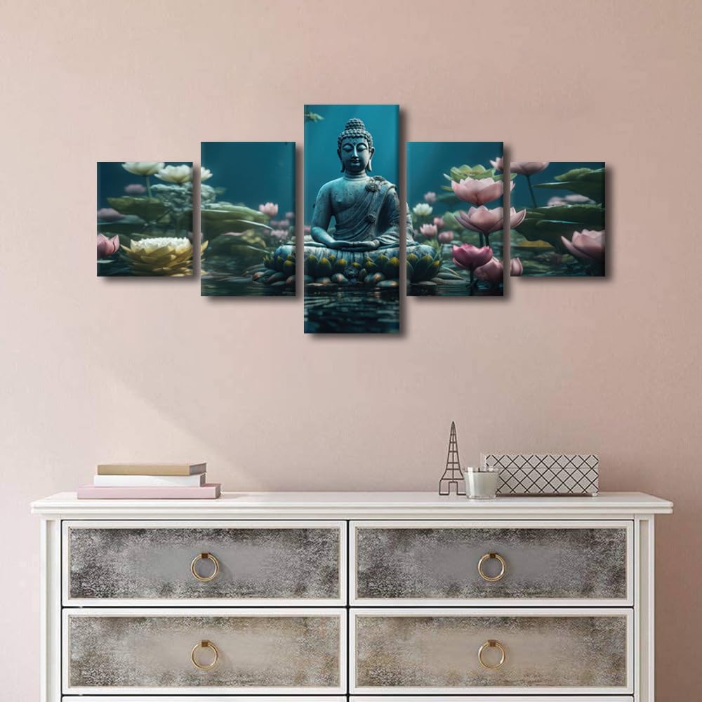 Buddha Canvas Wall Art Modern Home Canvas Poster Artwork Religious Painting Buddha Statue Lotuses in the Water Picture for Living Room Wall Decor 5 Panel Stretched and Frame Ready to Hang 50x24 in (50x24 in / 5PANEL-07)