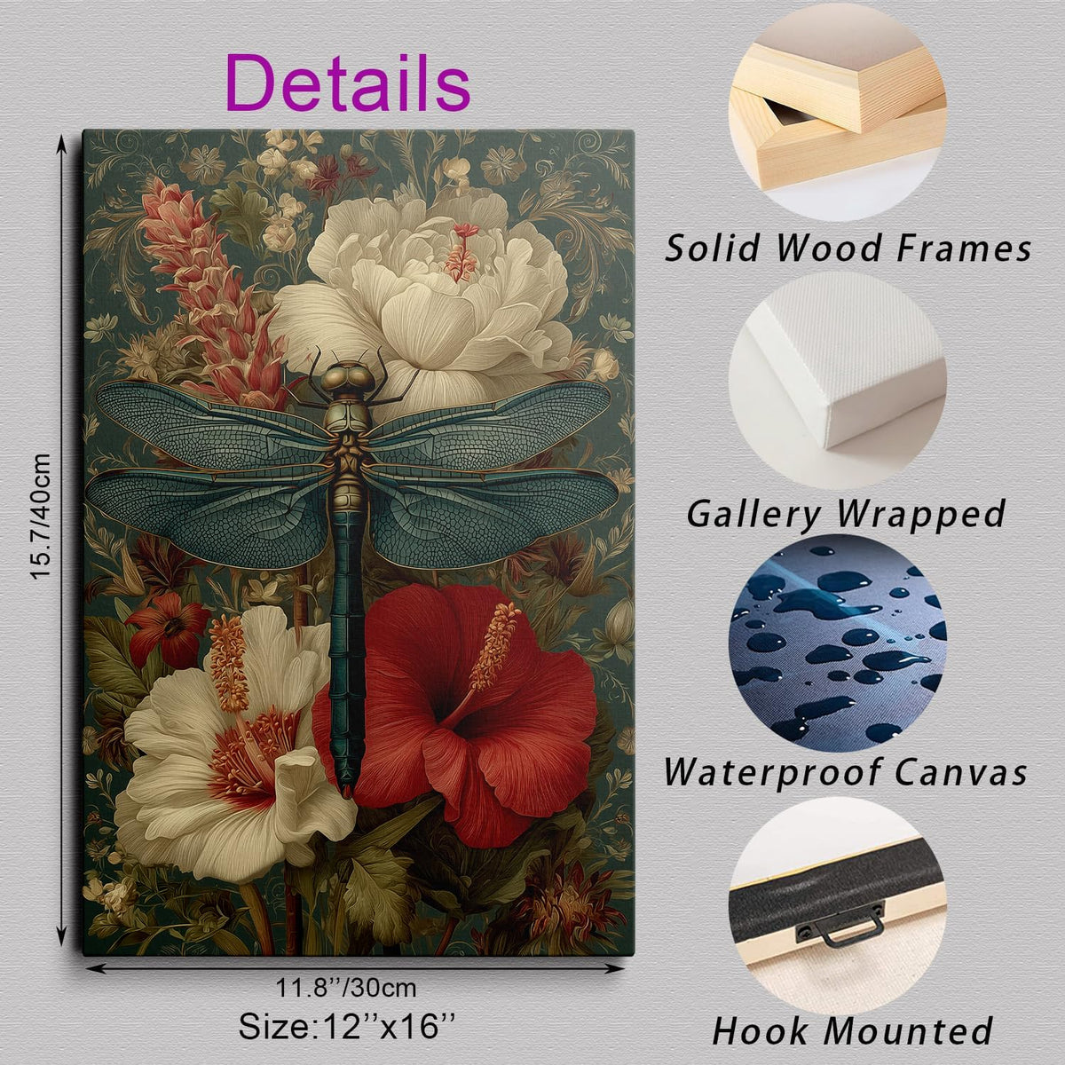Dragonfly Floral Canvas Wall Art Vintage Framed Botanical Decor 12x16 Inch (Dragonfly Floral / 16"L x 12"W)
