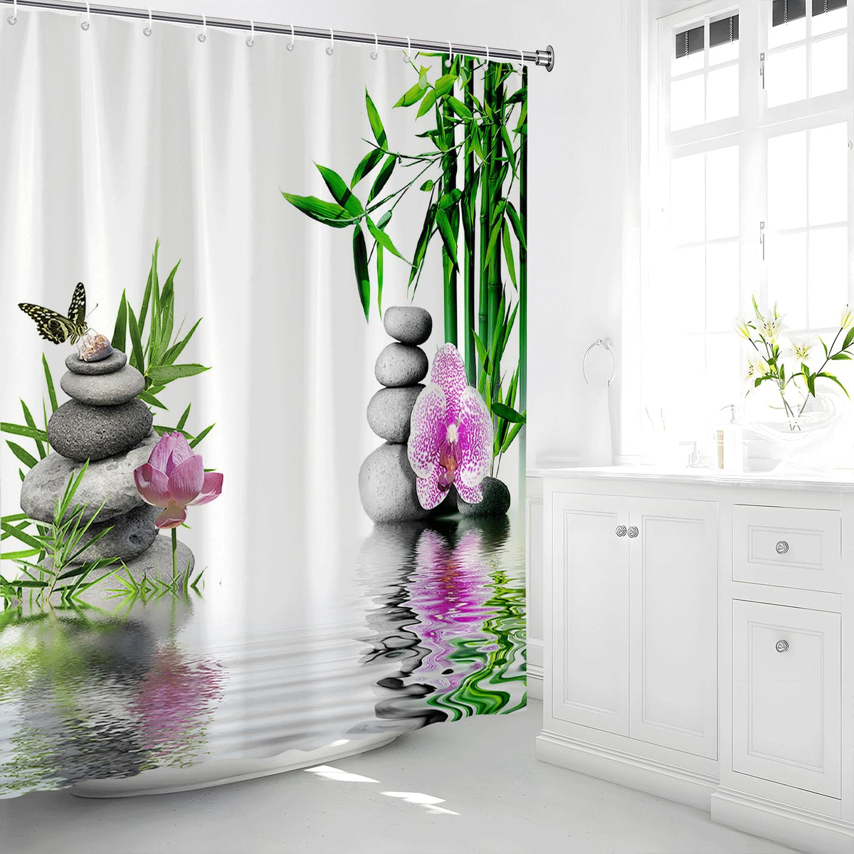 Zen Shower Curtain Green Leaf Floral Purple Flower Butterfly Lotus Black Stone Japanese Garden Relax Meditate Spring Nature Theme Rustic Polyester Curtains Bathroom Decor Set with Hooks 70Wx90H Inch (White / 70"W x 90"L (Pack of 1))