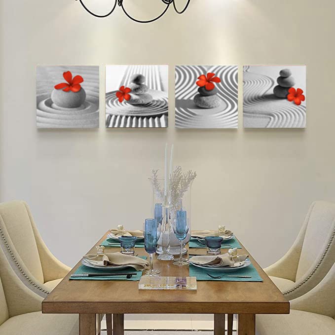 Bathroom Decor Zen Decor Gray Wall Art Red Floral Wall Pictures Black and White Wall Art Flower Zen Stone Sand Pebble Canvas Print Artwork for Bedroom Living Room Home Wall Decoration (zen red grey / 12"L x 12"W x 4 pcs)