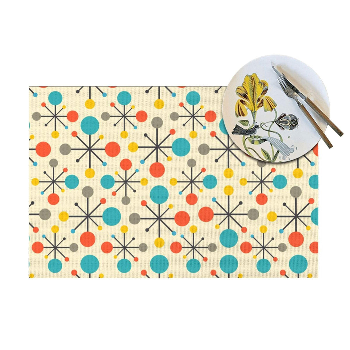 Mid Century Fifties Modern Atomic Retro Placemats Set of 4 Yellow Kitchen Table Mats for Dining Farmhouse Holiday Home Decor Linen Washable Place Mats 12"x18" (Mid Century Modern Atomic / 4pcs - 12x18inch)