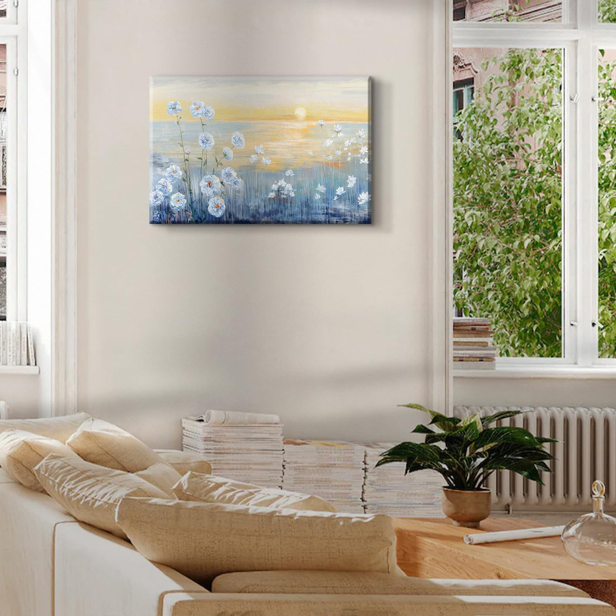 Large Blue Floral Wall Art Modern Coastal Canvas Wall Decor Nature Beach Sunrise Sunset Prints Ocean Flower Landscape Picture Zen Abstract Painting for Living Room Bedroom Office (Coast / 24"L x 16"W)