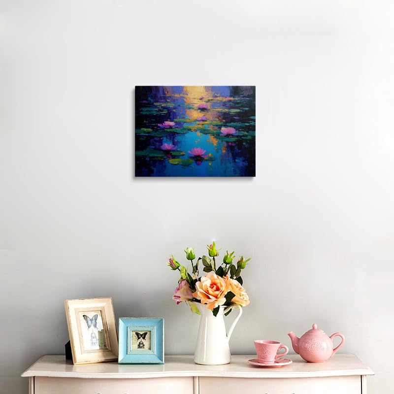 Calming Water Lilies Canvas Wall Art Framed Impressionist Painting Pink Blooms on Serene Pond Textured Brushstrokes Blue Turquoise Reflection Zen Wall Decor Artwork Poster 16x24 Inches (Water lilies / 24"L x 16"W)