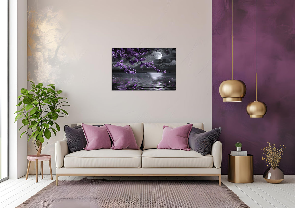 1 Pcs Purple Bedroom Pictures Wall Decor Purple Canvas Art Black and White Sea Night Full Moon Purple Flower Print on Canvas Purple Wall Picture for Room Decor Stretched and Framed 20x30 inch (30"L x 20"W / Purple Flower 10)