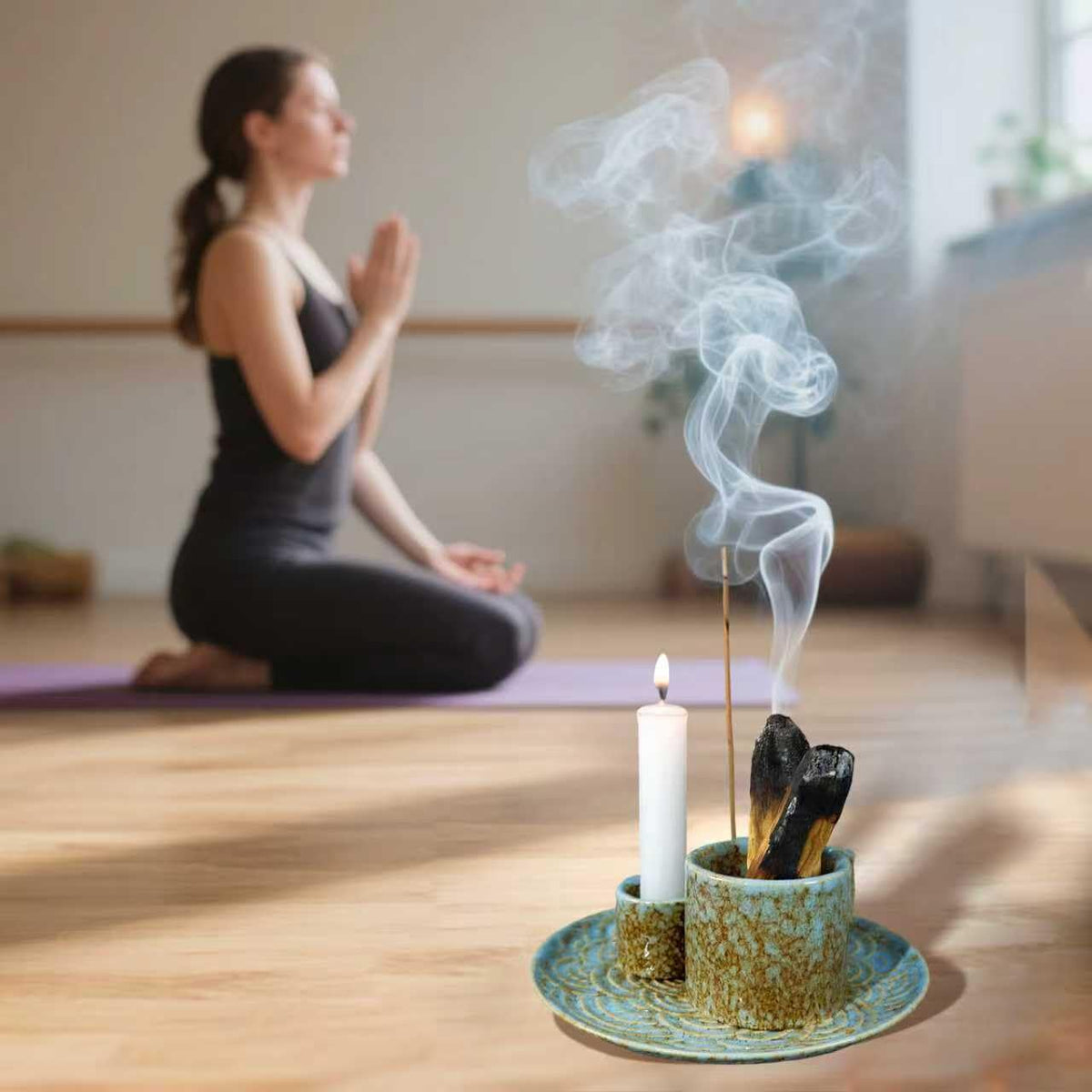 5-in-1 Ceramic Palo Santo Burner Holder Blue -Small Candle Holder (Blue)