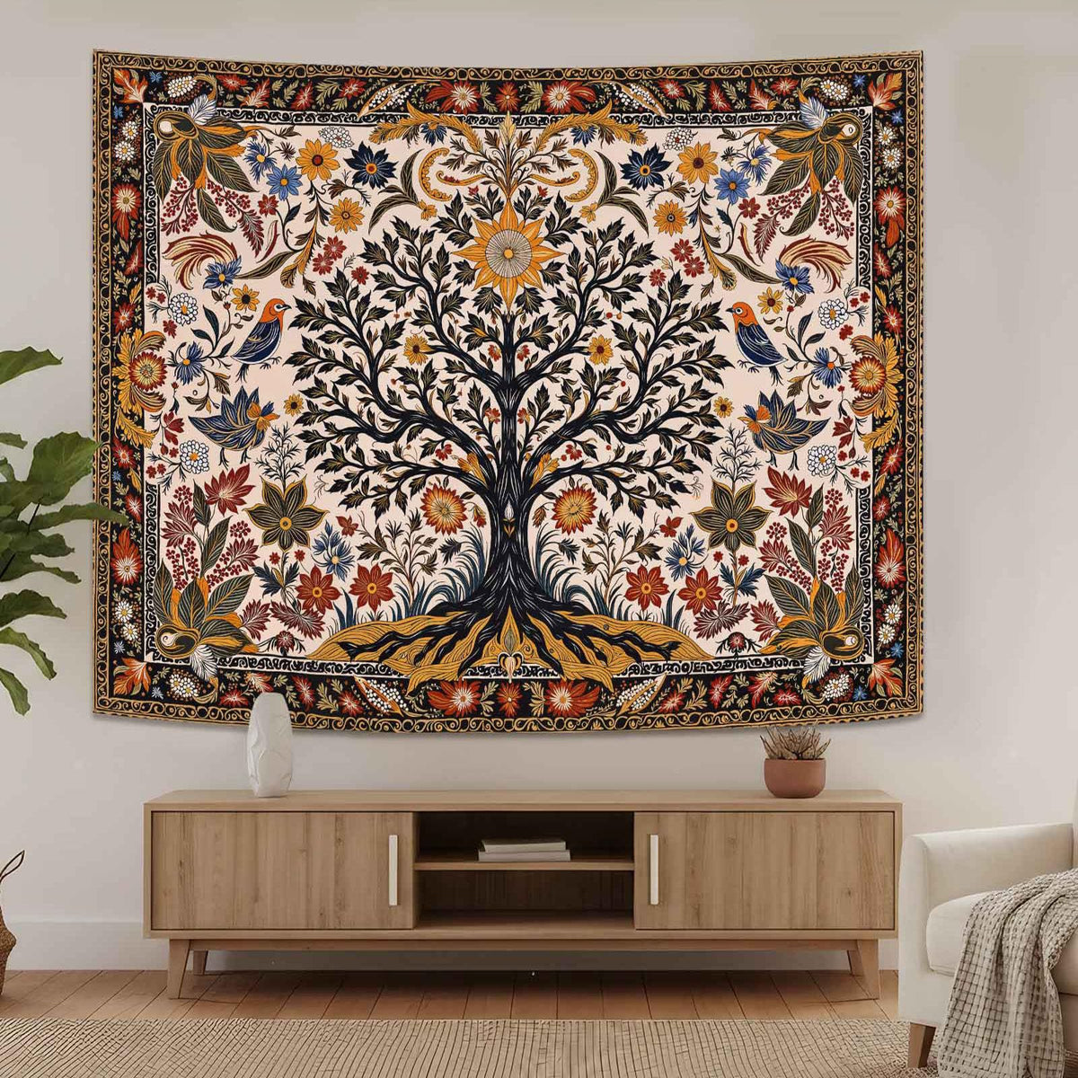 Folk Art Wall Tapestry (90"L x 70"W / Black Ivory)