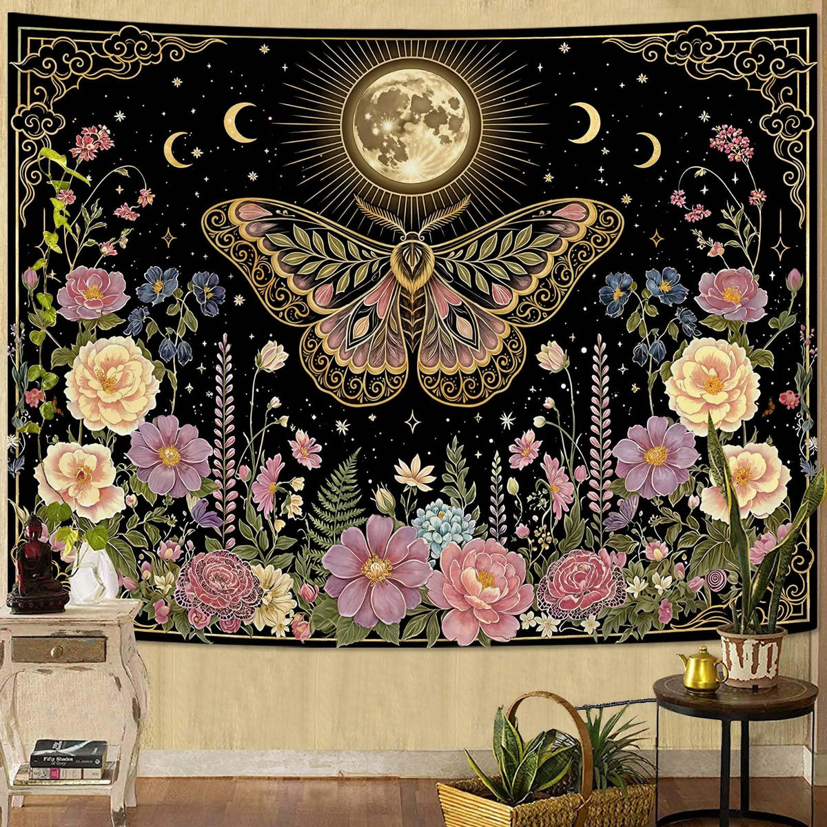Tapestry Moon Moth and Floral Tapestries Witchy Cottagecore Tapestries Mystical Nature Wall Tapestry Bedroom Dormitory Living Room Decoration 60"x44" (Black Pink / 60"L x 44"W)