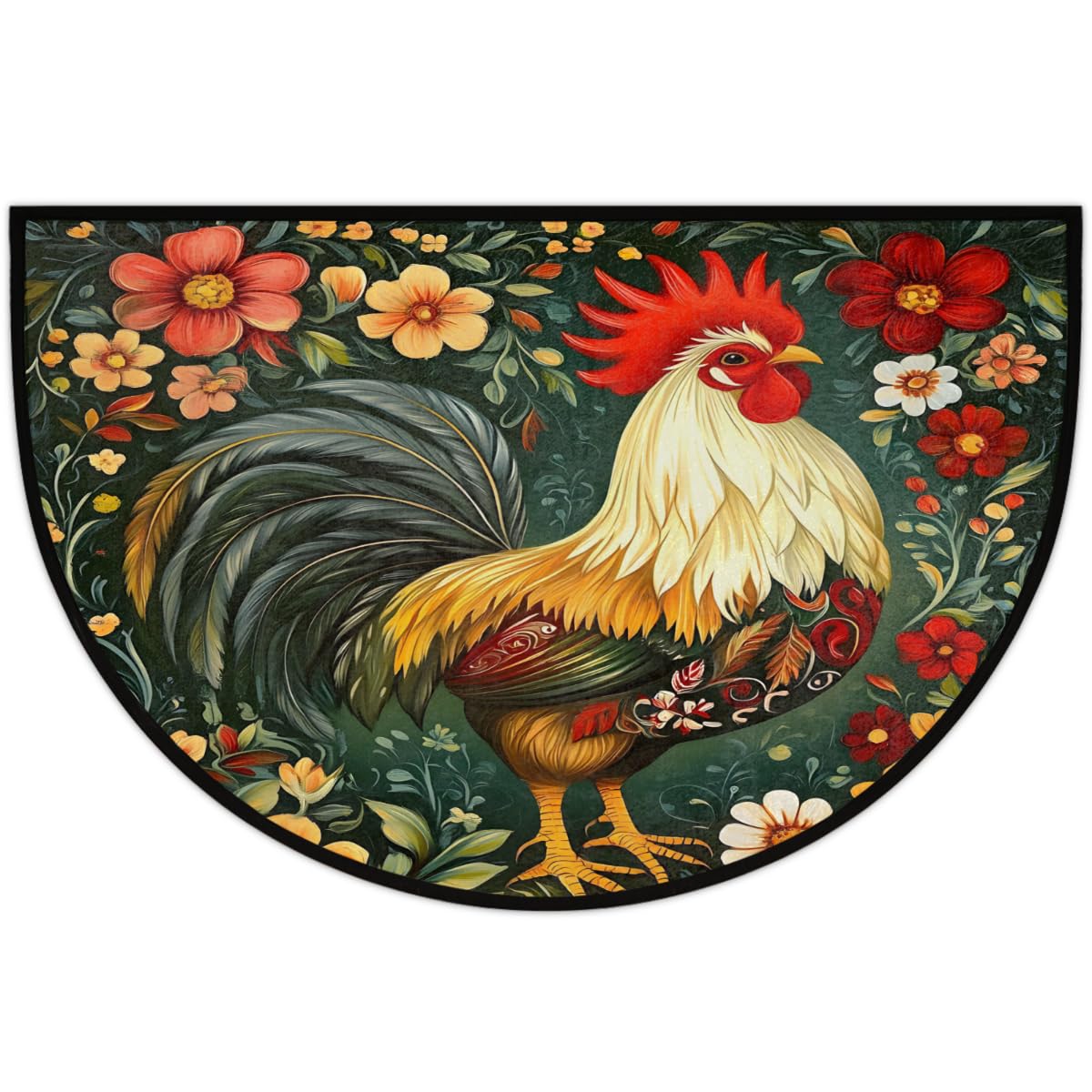Half Round Doormat Beautiful Rooster Flowers Washable Semi Circle Area Rug Non Slip Half Moon Rug Holiday Decor Mat for Indoor Outdoor Bathroom Kitchen Welcome Fireplace Hearth Floor Mat (D02:rooster)