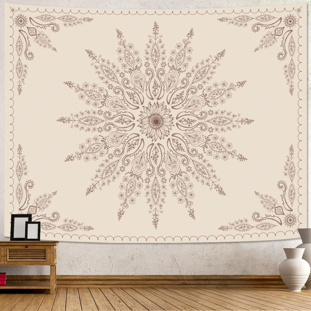Boho Floral Mandala Tapestry for Bedroom Aesthetic Bohemian Flower Wall Tapestry Beige Hippie Indian Large Tapestries Wall Hanging for Living Room Dorm Decor 80 x 60 Inch (Light Beige / 80"L x 60"W)