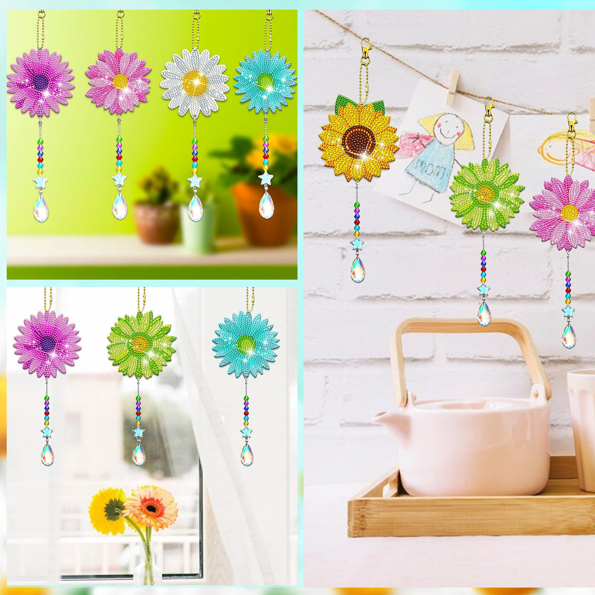 6 Pcs Daisy Diamonds Painting Wind Chimes Suncatcher Double Sided Flower Rhinestone Painting Wind Chime 5D DIY Crystal Diamond Painting Kits Paint by Number Hanging Ornaments Mom Gifts (Flower Daisy)