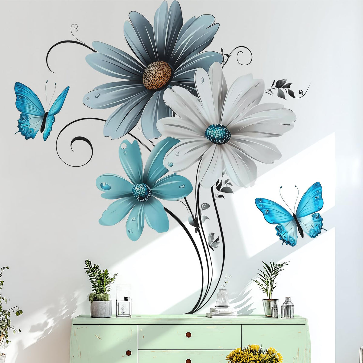 Rustic Floral Flower Blue White Daisy Butterfly Wall Decals Decor Stickers (Botanical, Floral, Modern Farmhouse, Country Style)