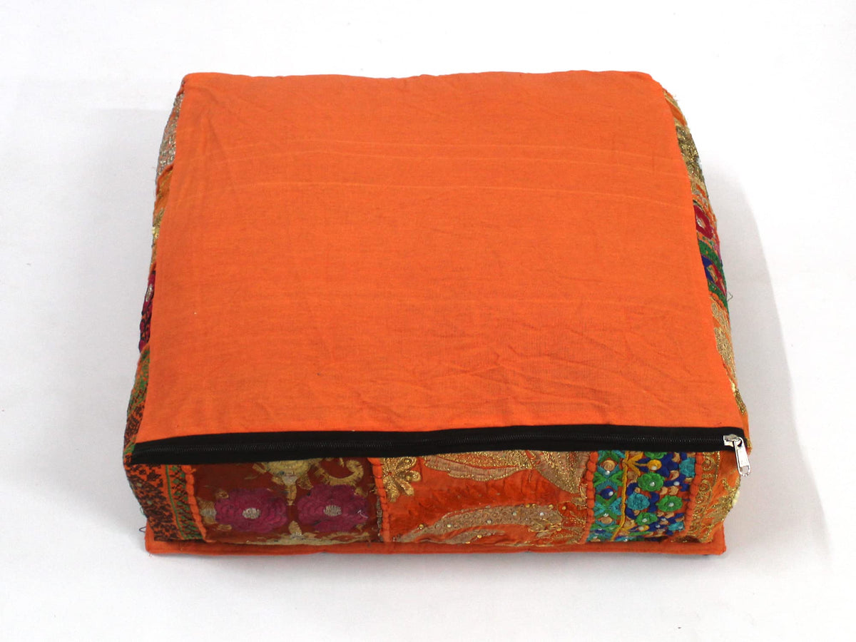Indian Square Patchwork Traditional Pouf Cover Indian Living Room Poufs Decorative Embroidered Designer Ottoman Home Living Footstool Chair Cover Decor Pillow Cover 16x16x5 inches (16"D x 16"W x 5"H / Orange)
