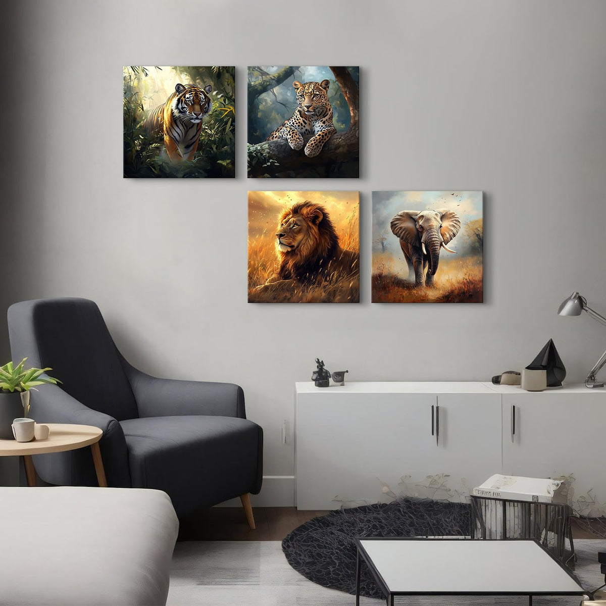 Wild Animal Lion Wall Art Wildlife Safari Wall Decor for Nursery Vintage African Elephant Canvas Pictures Tiger Panther Posters Jungle Forest Animals Paintings Artwork Living Room Decoration 12x12" 4P (12"L x 12"W / Wild Animals)