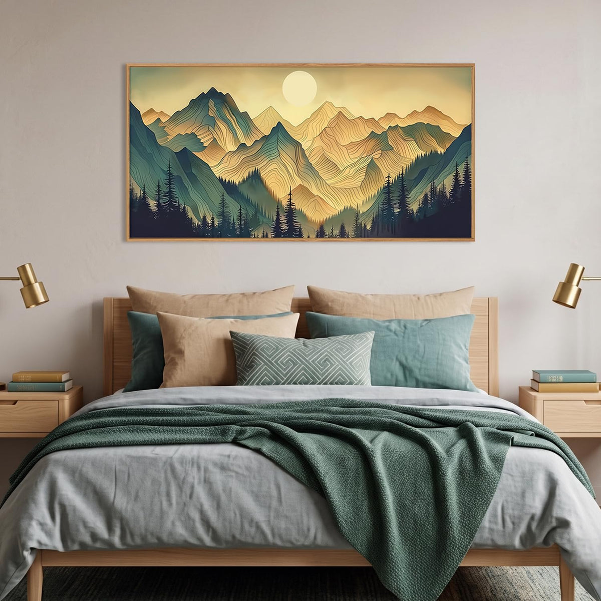 Boho Green Mountain Landscape Framed Canvas Wall Art Set (Boho Scenery Wall Art / 40"L x 20"W)