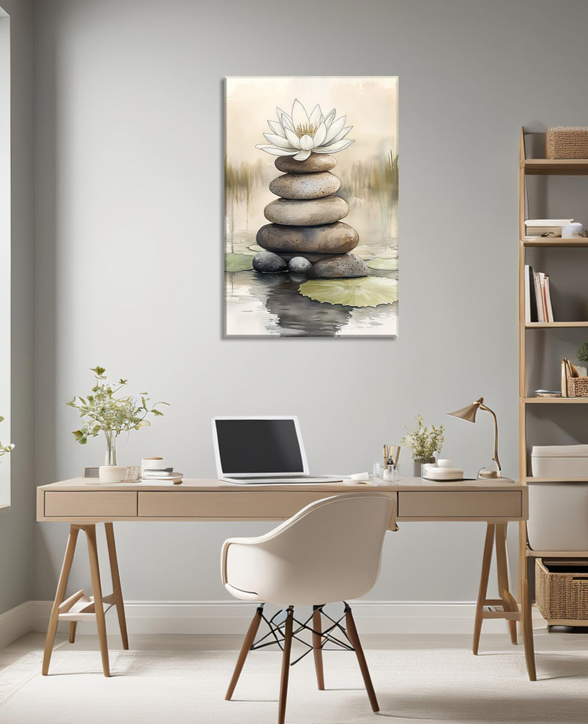 Large Zen Wall Art Lotus with Spa Stones Picture Watercolor Painting Meditation Canvas Prints Spiritual Room Bathroom Living Room Office Wall Decor Framed (42"L x 28"W / K - Lotus)