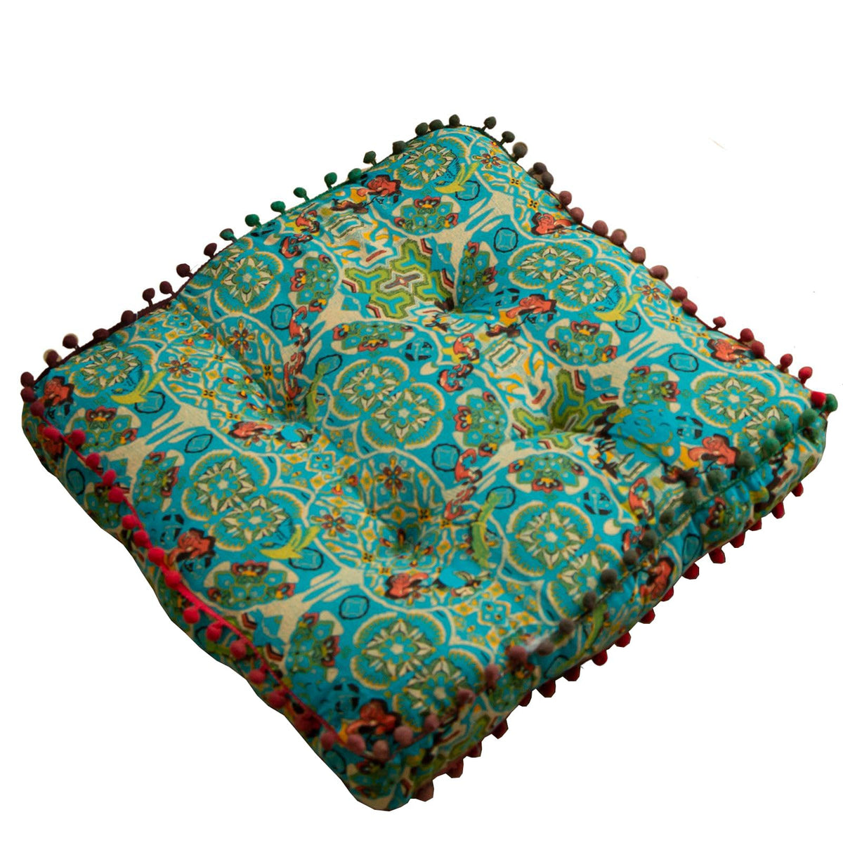 Moroccan Printed Square Chair Pads Cotton Linen Soft Comfort Chair Cushion Colorful Pompom Seat Cushions for Indoor Dining Room and Kitchen Chairs (16x16 Inch / Blue)