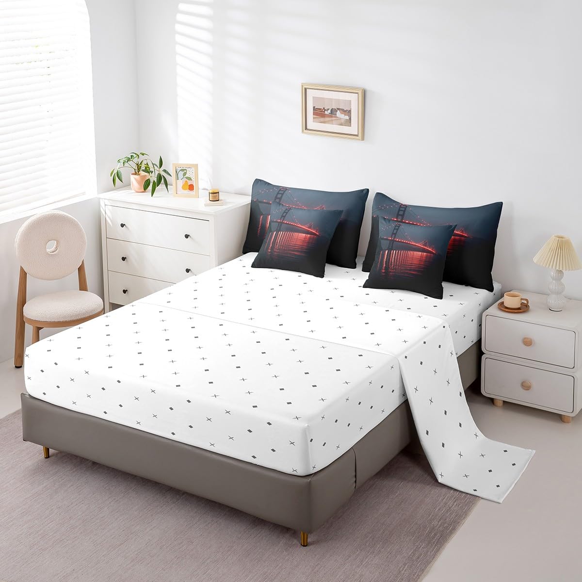 Golden Gate Bridge Comforter Set with Sheets Full Size Kids Nightscape 7 Piece Bedding Set All Season Teens City Scenery Bed in A Bag Breathable Soft Lightweight Black and Red Room Decor (Dull Black and Red / Full)