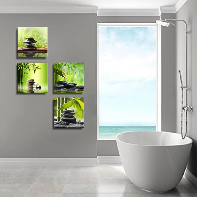 Bathroom Wall Decor Zen Canvas Prints Meditation Picture Painting Green Room Decor Bedroom Wall Art Living Room Yoga Spa Office Artwork Posters Prints Framed Home Decorations12x12x4pcs (Azen green 00 / 12"L x 12"W)