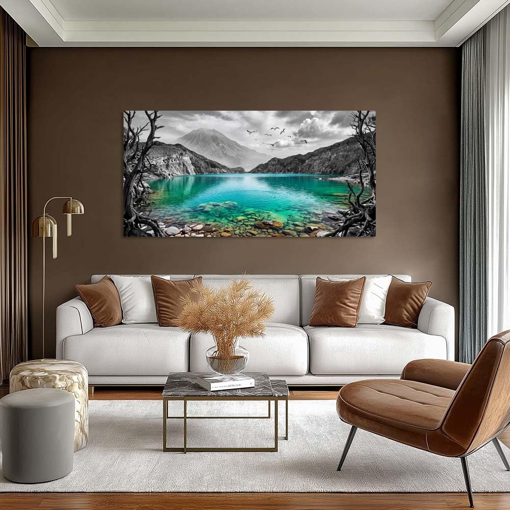 Black and White Mountain Canvas Wall Art Colorful Tropical Floral Lake Landscape Painting Flat Print Gallery Wrapped Artwork for Living Room Bedroom Bathroom Decor (Mysterious / Black Mountain Lake 19 / 58"L x 28"W)