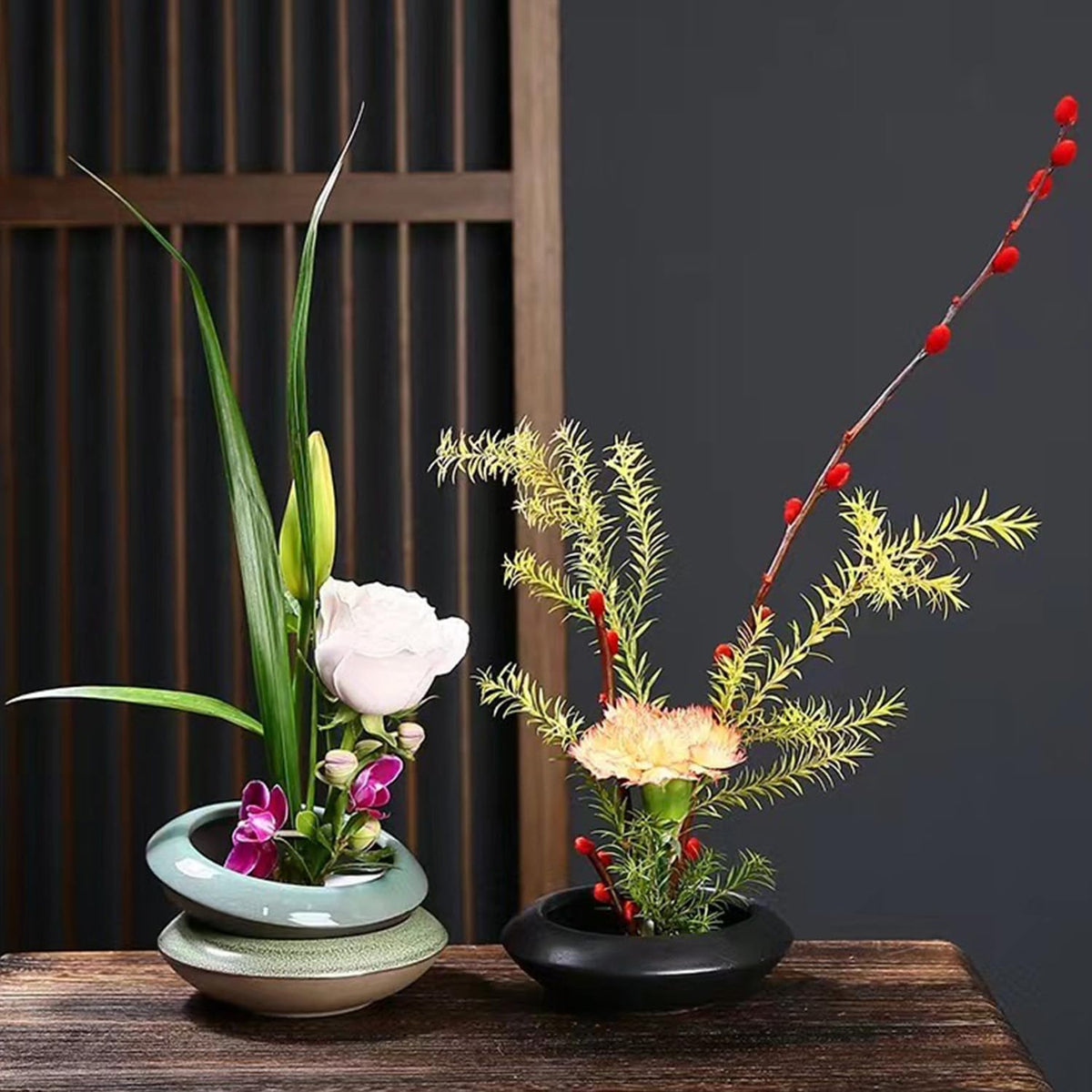 Ikebana Vase Kit Ceramic Flower Frog Vase with Stainless Kenzan Flower Frog Vase Flower Arrangement Pot for Floral Displays Moss & Hydroponic Plants Zen Decor Gift (Ge Kiln Small Size)
