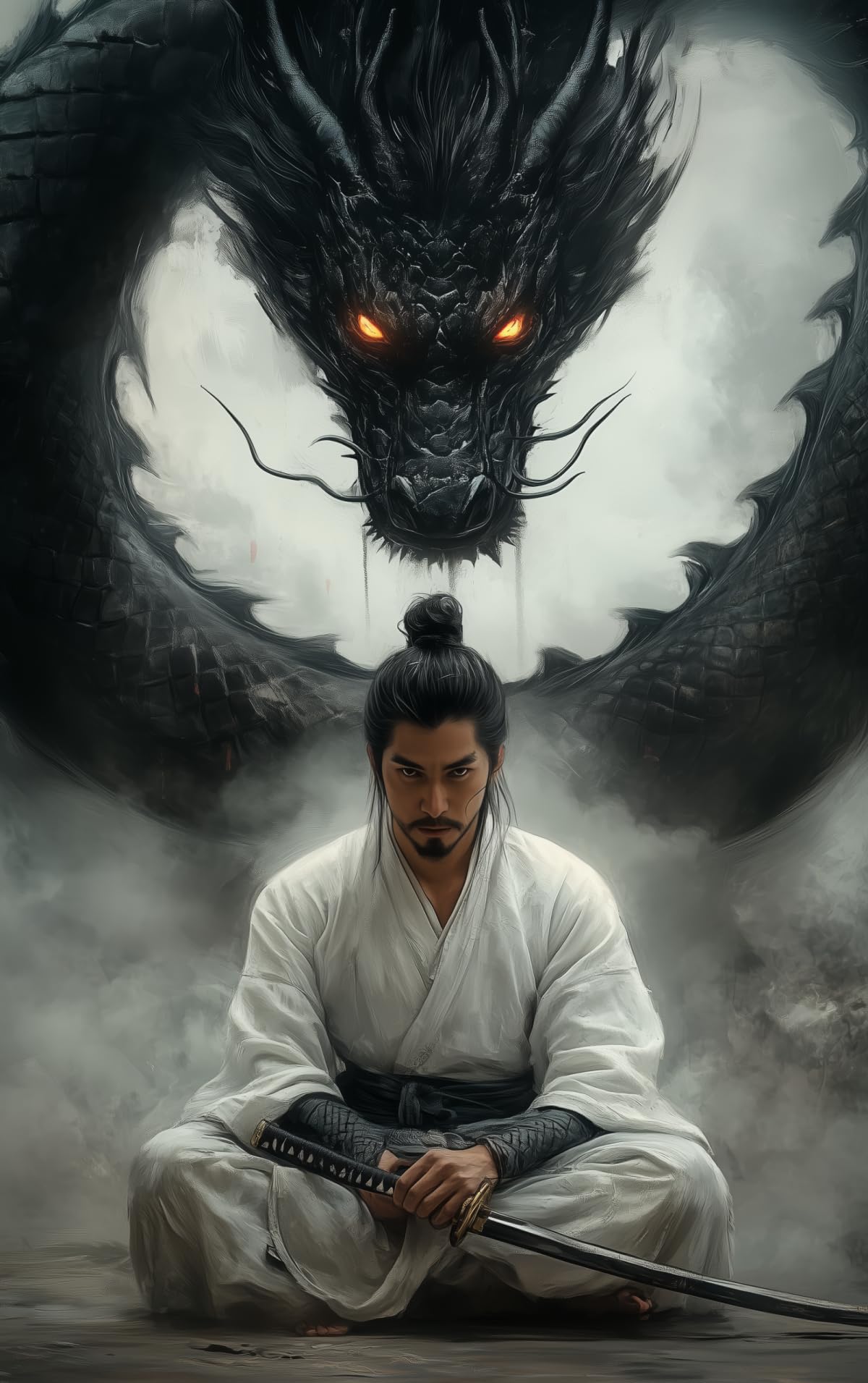 White Robe Samurai & Black Dragon Canvas Wall Art (24"L x 36"W / Samurai5)
