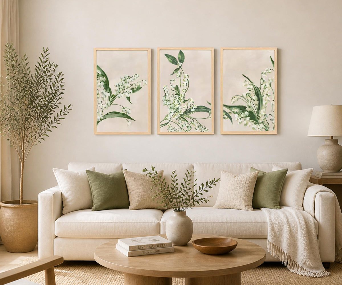 Japandi Floral Wall Art Set of 3 Neutral Green Botanical Print (Lily Of The Valley / 16 X 24 Inches)
