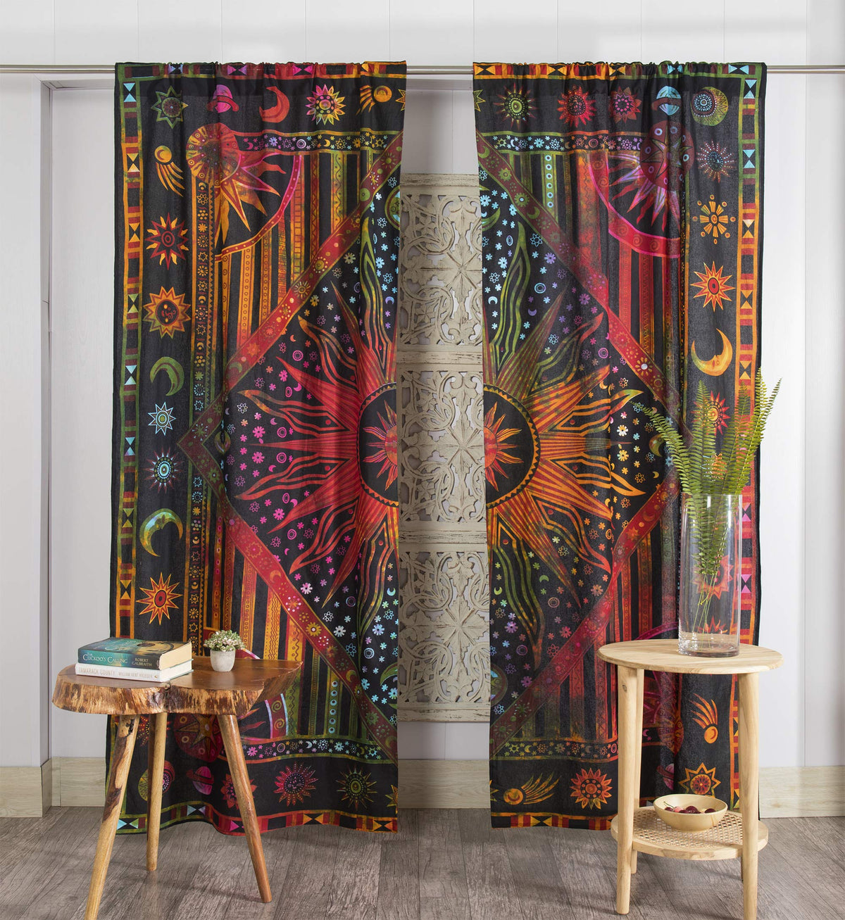 Indian Burning Sun Hippie Mandala Window Curtains (38"W x 83"L (Pack of 2) / Golden Tie Dye)