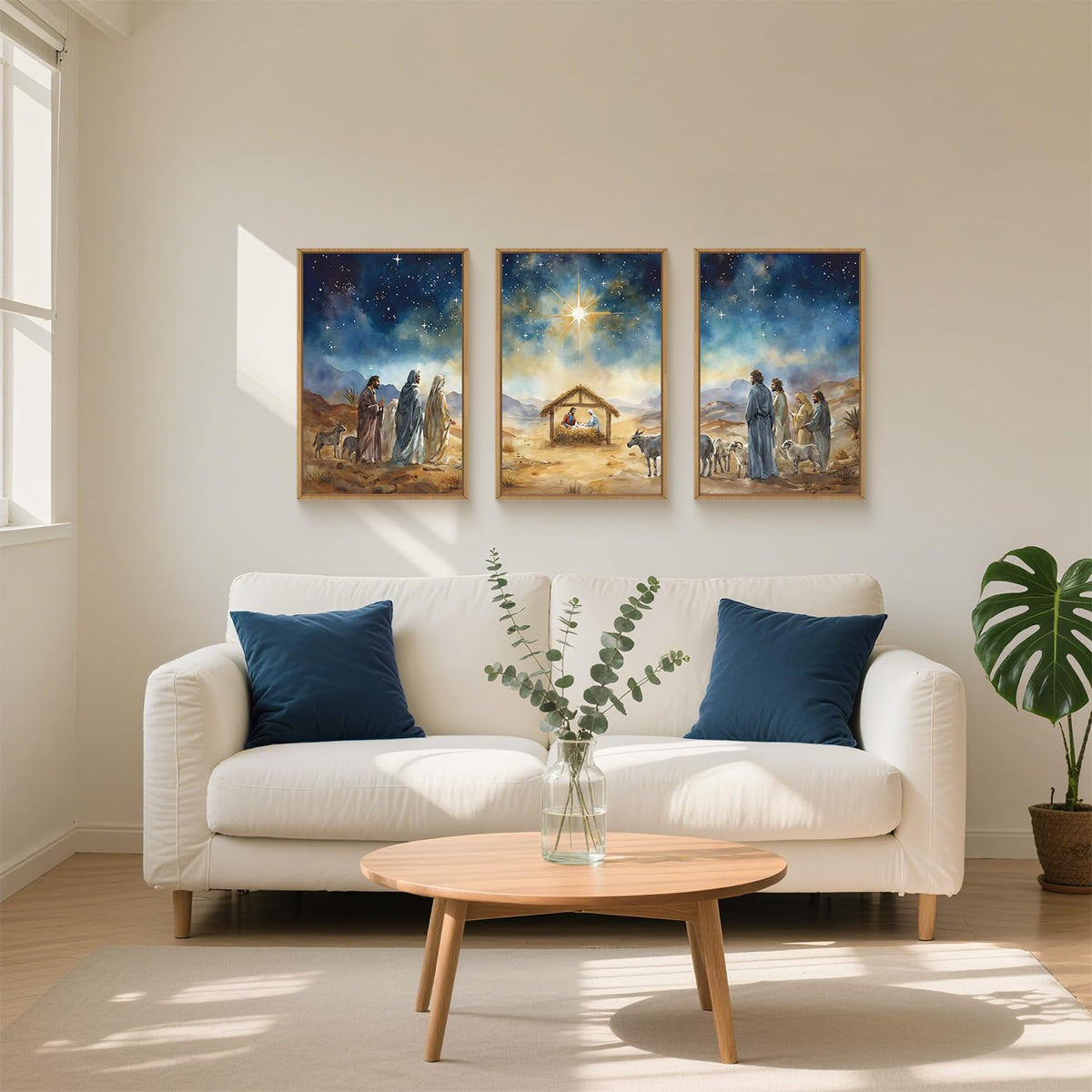 Large Bible Christian Religious Framed Canvas Wall Art Set (Birth of Jesus Wall Art / 24"L x 16"W)
