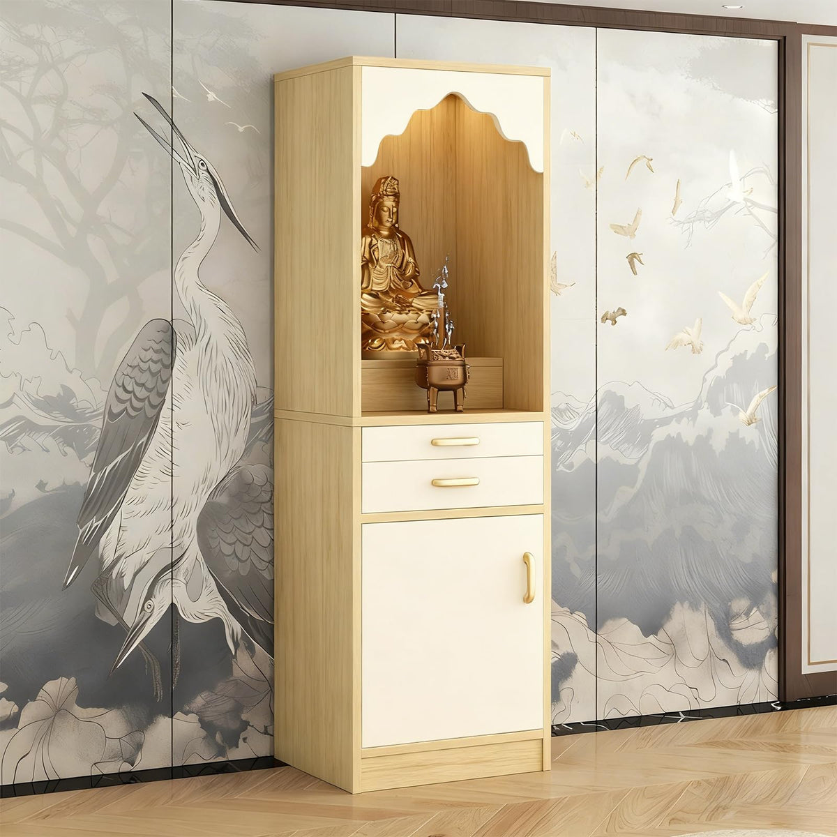 Altar Table Wood Meditation Prayer Table (Beige + Natural Wood / 15.7" x 15.7" x 63.8")