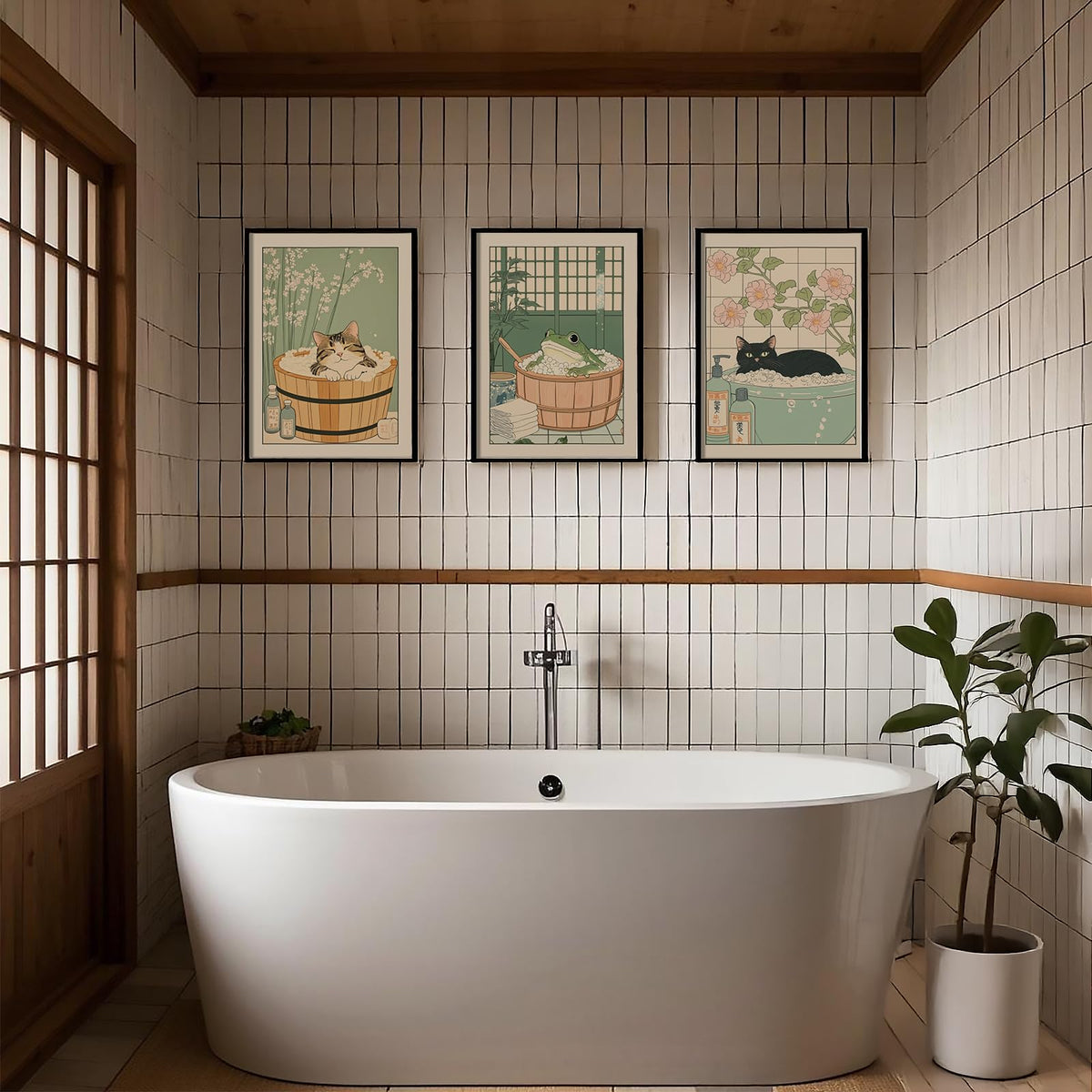 Japanese Wall Art Set of 3 Cute Frog Wall Decor Black Cat Canvas Wall Art for Living Room Japanese Posters Frog Funny Bathroom Decor Zen Style Cat Painting 16x24 Inch Unframed (24L" x 16W" Unframed / Bathroom)