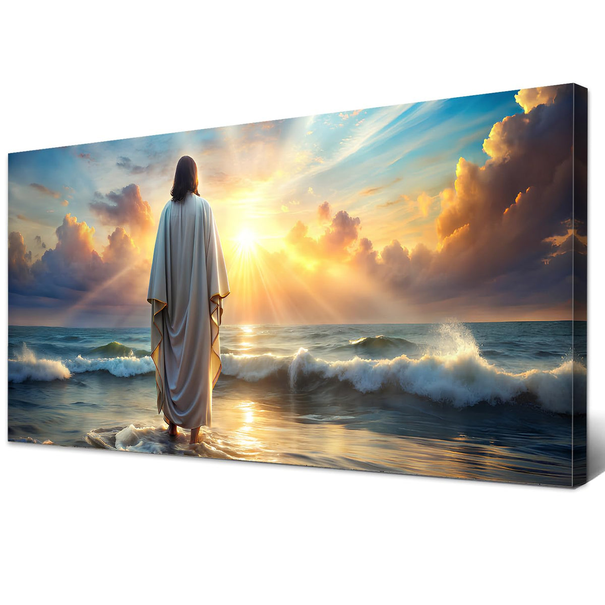 Large Jesus Canvas Wall Art Jesus Walking on Water Wall Decor for Living Room Office Inspirational Christian Picture Prints Sunset Ocean Coastal Painting Religious Poster Artwork Decorations 24x48” (48"L x 24"W / JESUS01)