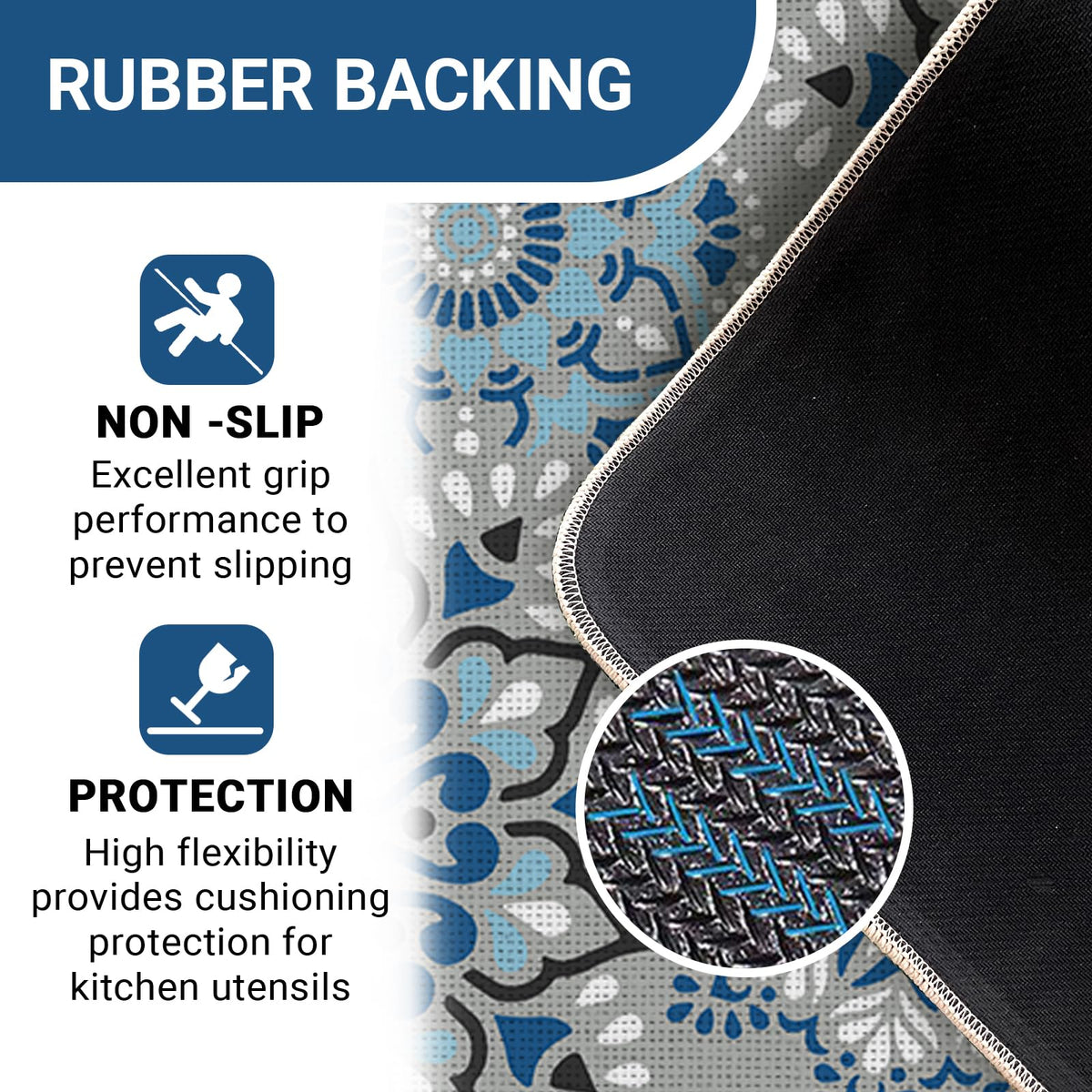 Boho Mandala Floral Grey Kitchen Rugs Set of 2 (Blue Vintage)