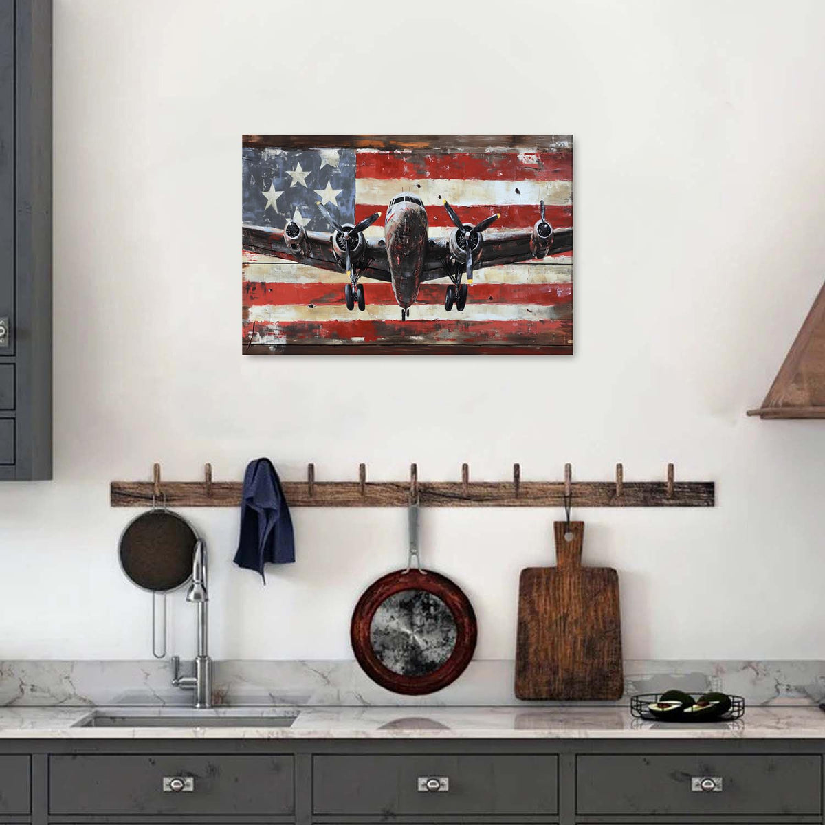 Airplane Wall Art Vintage Aircraft Picture Wall Decor for Bedroom Office Rustic USA Flag Prints Artwork Living Room Canvas Aircraft Propeller Pictures Posters Artwork Kitchen Home Decorations 16x24" (24"L x 16"W / Airplane)
