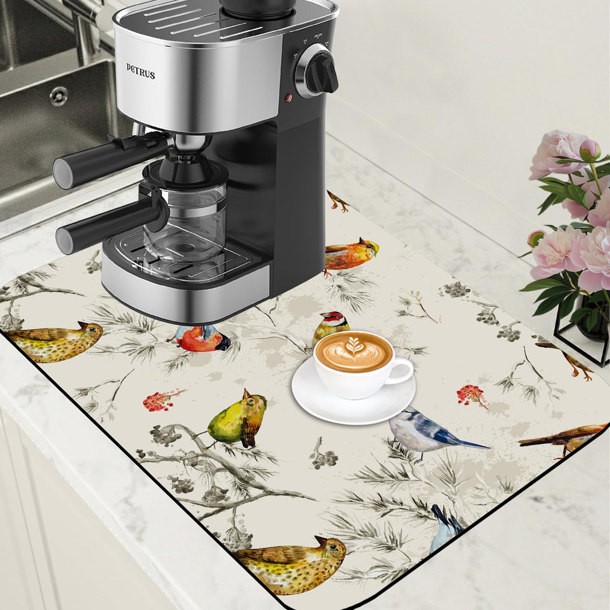 Cute Birds Coffee Mat Absorbent Dish Drying Mat for Kitchen Counter Hide Stain Rubber Backed Coffee Bar Accessories Fit Under Espresso Machine Dish Drainer (15.7" x 23.6")