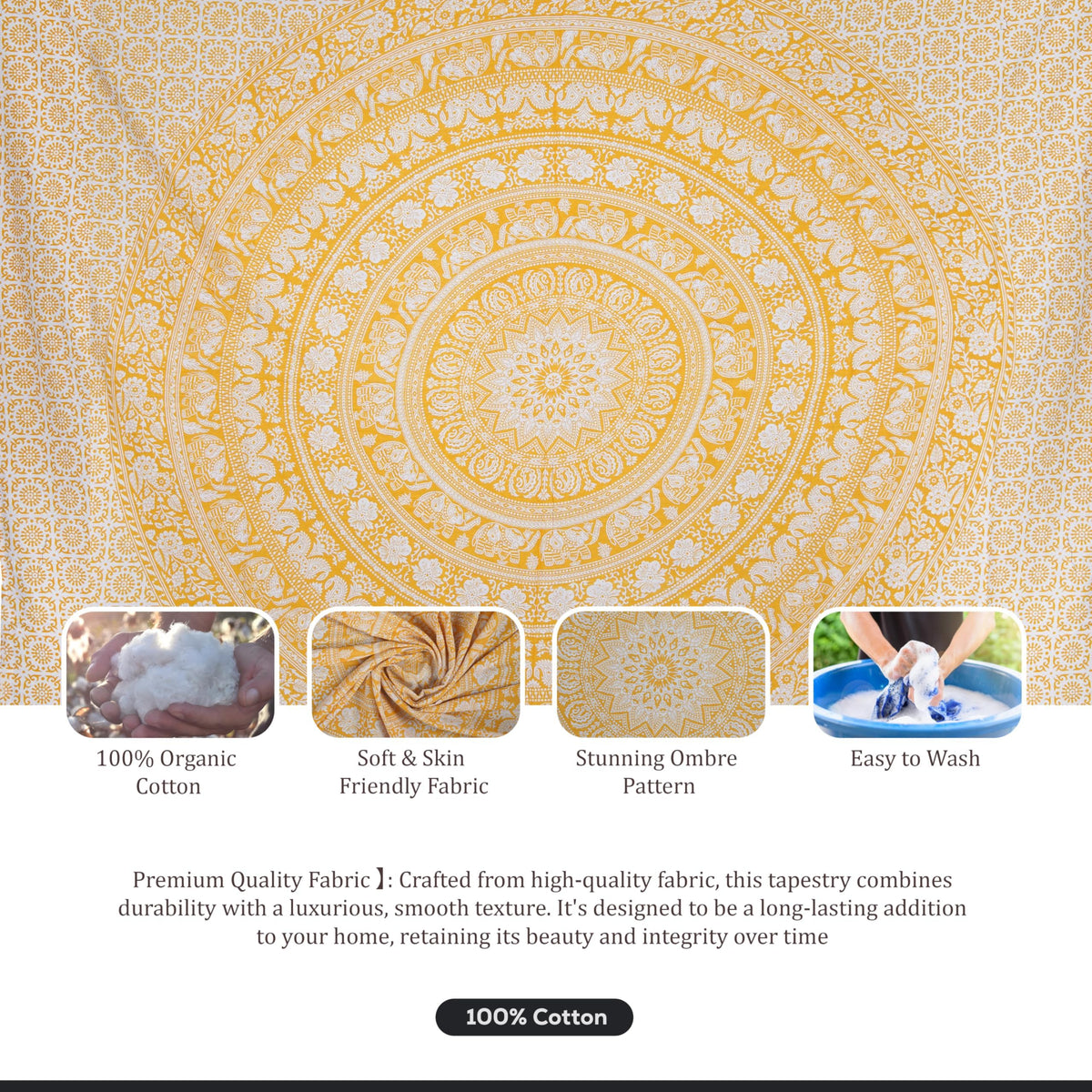 Cotton Mandala Tapestry (Yellow / 30"L x 40"W)