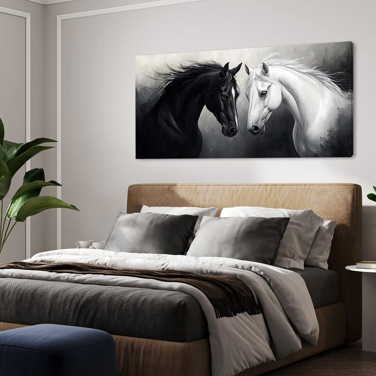 Multicolor Oil Painting Two Horses Wall Art for Living Room Office Classical Art Equine Portrait Painting Prints Vintage Canvas Artwork Dining Bedroom Decor Large (Abstract / Black White Two Horses Wall Art / 46"L x 23"W)
