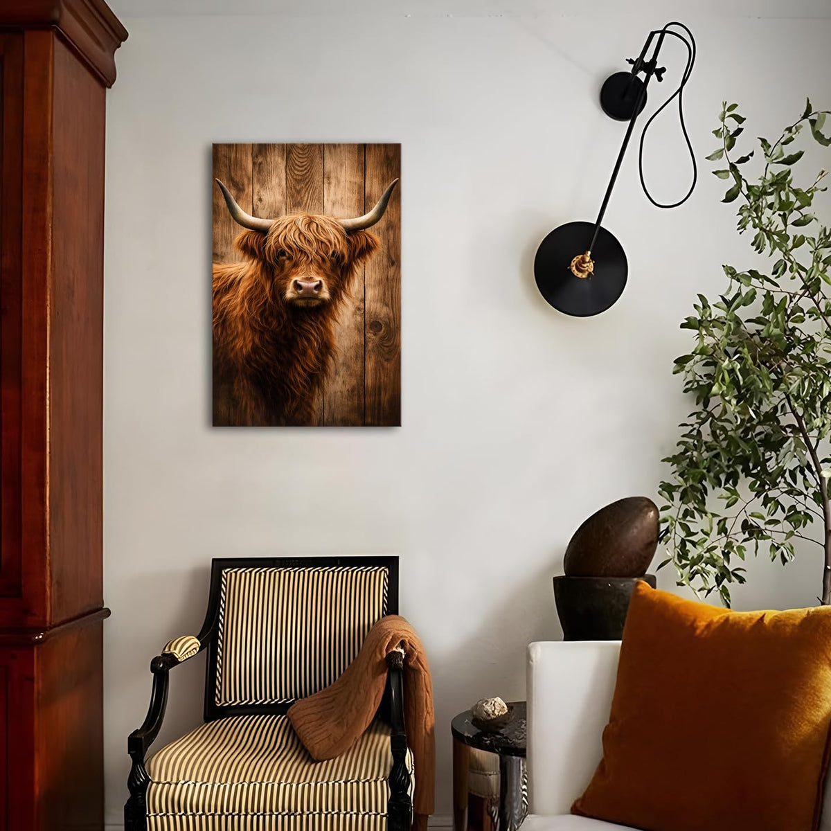 Farmhouse Highland Cow Wall Decor Cow Wall Art Long Haired Scottish Cow Canvas Picture Country Animal Theme Poster Highland Cow Painting Artwork Framed for Living Room Cabin Home Decorations 20x30” (24"L x 36"W / Retro Cow)