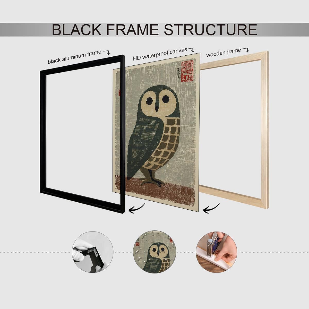 Black Framed Vintage Japanese Wall Art 20x30in Owl Poster Mid Century Animal Print Minimalist Bird Painting Nature Rustic Artwork for Lndie Room Bedroom Living Room Gallery Decor Ready to hang (Black Framed / Japanese Poster / 30"L x 20"W)