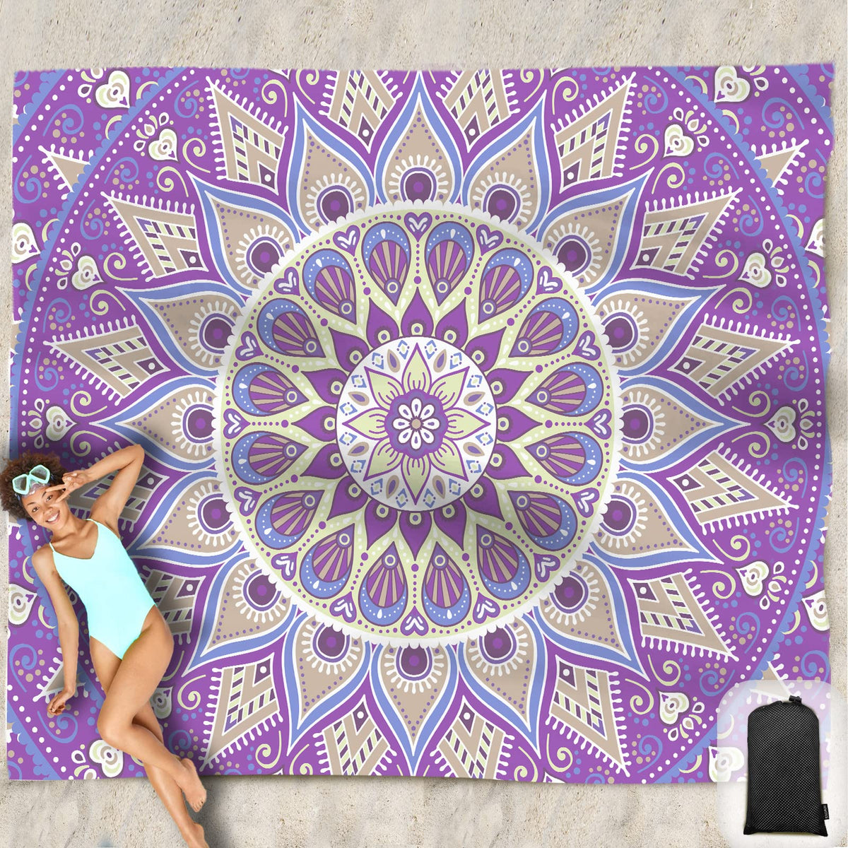 Beach Blanket Waterproof Sandproof Oversized 95”x 80” (Purple)