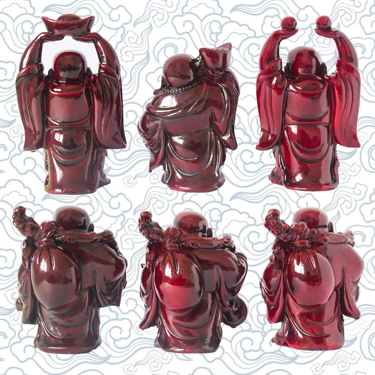 Set of 6 Laughing Happy Buddha Statue Resin Figurines Feng Shui for Luck Wealth Good Gift and Collection (Dark Red / 4.5'')
