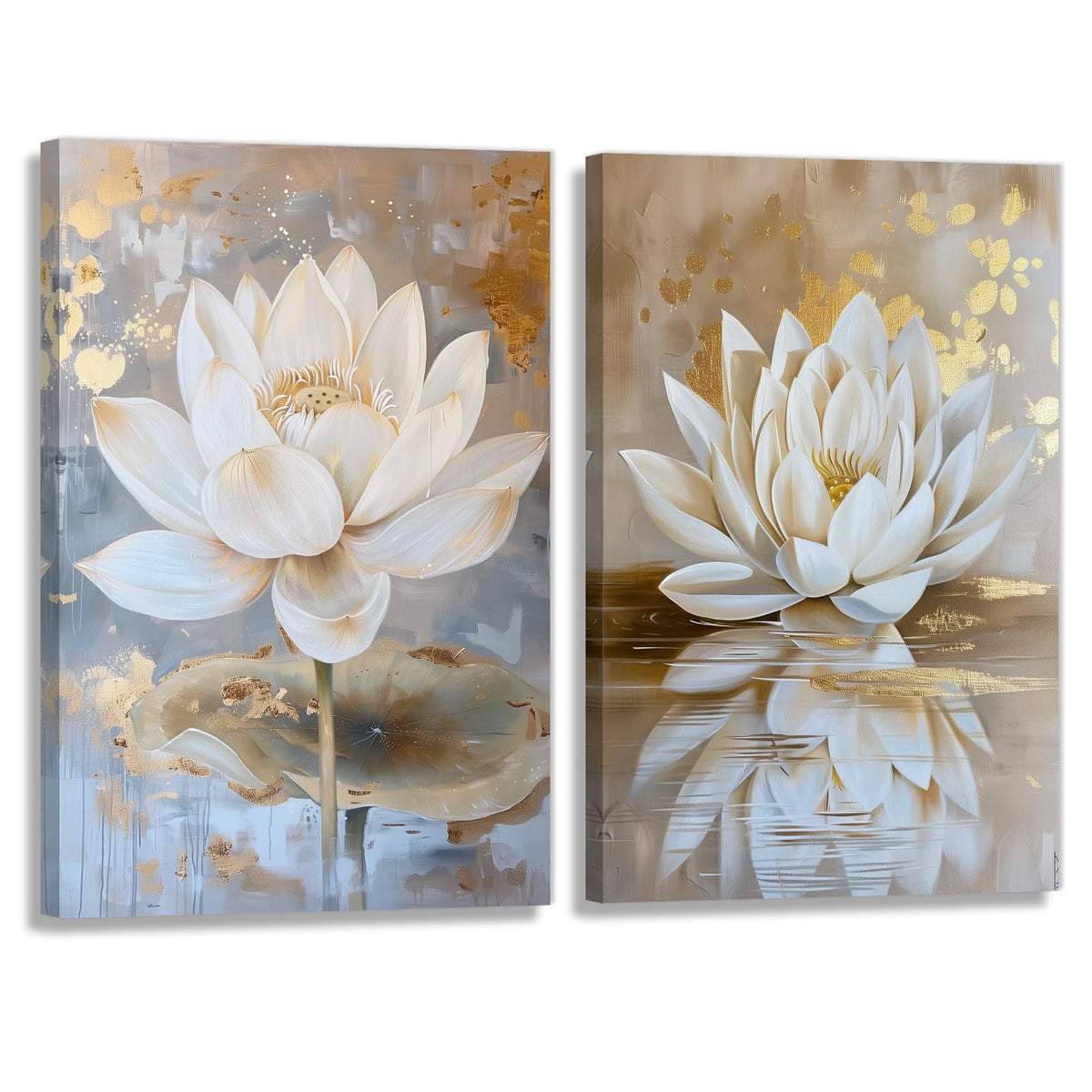 Zen Wall Art 2 Piece White Lotus Blooming Painting Artwork White Gold Lotus Flower Poster Artwork for Bedroom Living Room Bathroom Yoga Spa Room Decor (Artwork-3 / 12"x16"x2pcs)