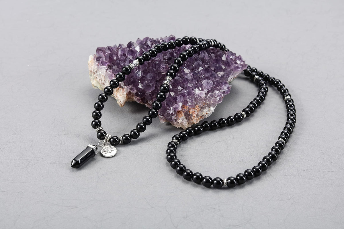 108 Mala Beads Bracelet 8mm Natural Black Obsidian Healing Crystal Stone Mala Prayer Bead Necklace Hexagonal Prism Gemstone Reiki Pointed Pendant for Yoga Meditation Energy Balancing (Black Obsidian Crystal)