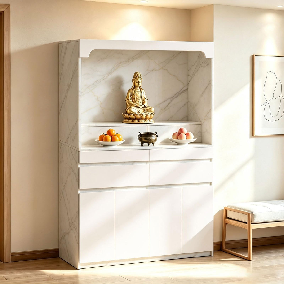 Altar Table Pooja Cabinet with Drawers and Storage Cabinets (43.3×15.7×65.4in / Beige+white Grain)